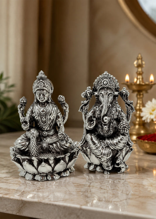 Silver Lakshmi Ganesha Divine Idol Pair