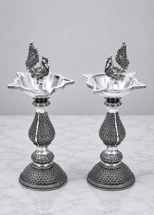 Premium Silver Plated Brass Peacock Deepak Stand Set