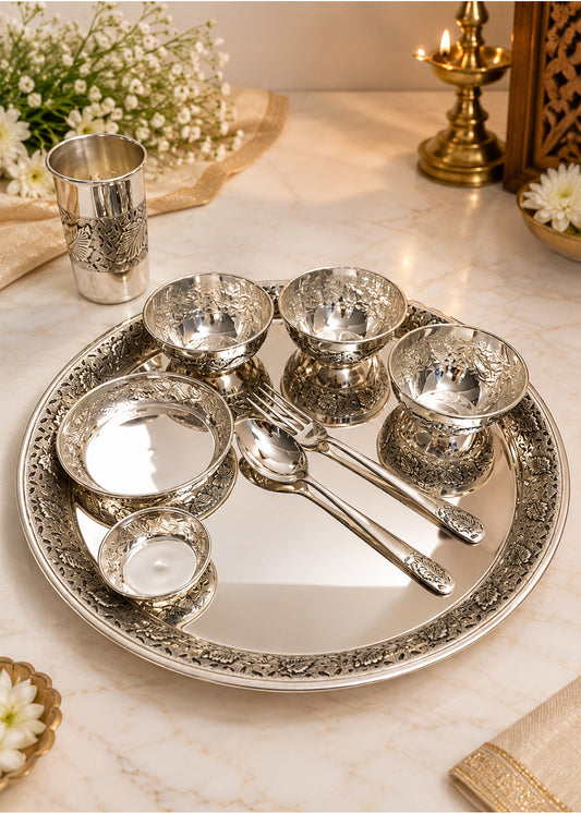 Classic Silver Floral Thali Set with Bowls