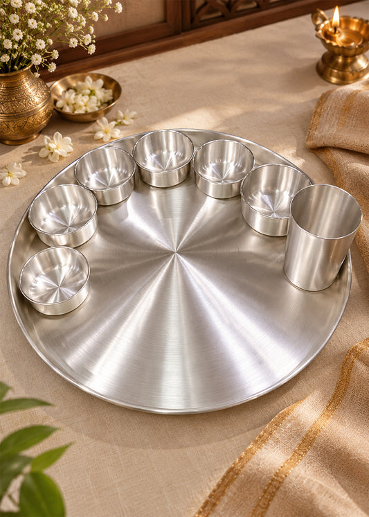 Traditional Silver Serving Thali Set for Dining