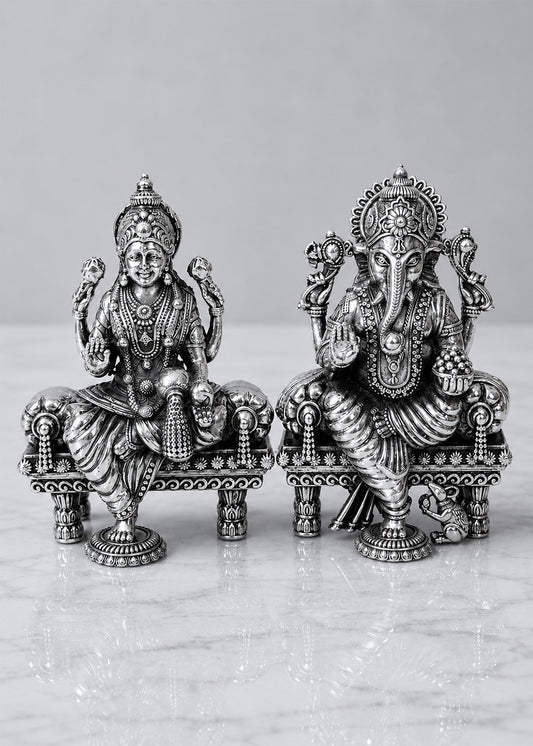 Handcrafted Lakshmi Ganesh Sitting Idol Set in Brass