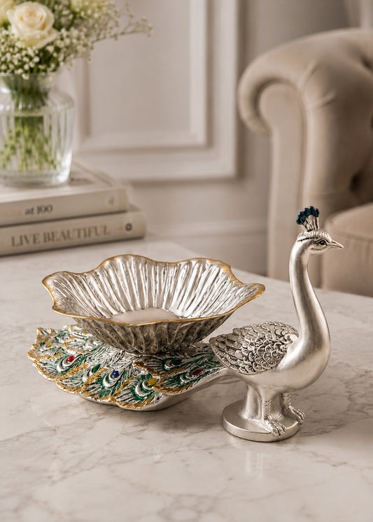 Silver Peacock Design Fruit Bowl with Decorative Base for Home Décor