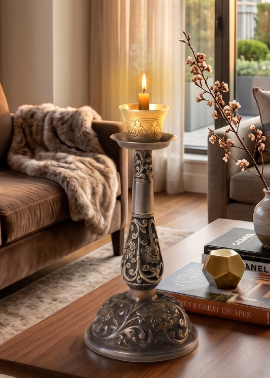 Antique Silver Engraved Candle Stand for Home Décor