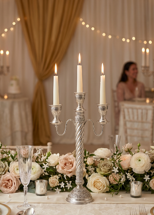 Silver 3 Arm Candle Stand with Antique Floral Design