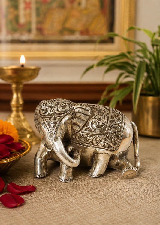 Elegant Silver Elephant with Floral Engraving