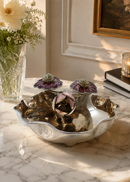 Silver Floral Decorative Fruit Bowl with Pink Enamel Flowers