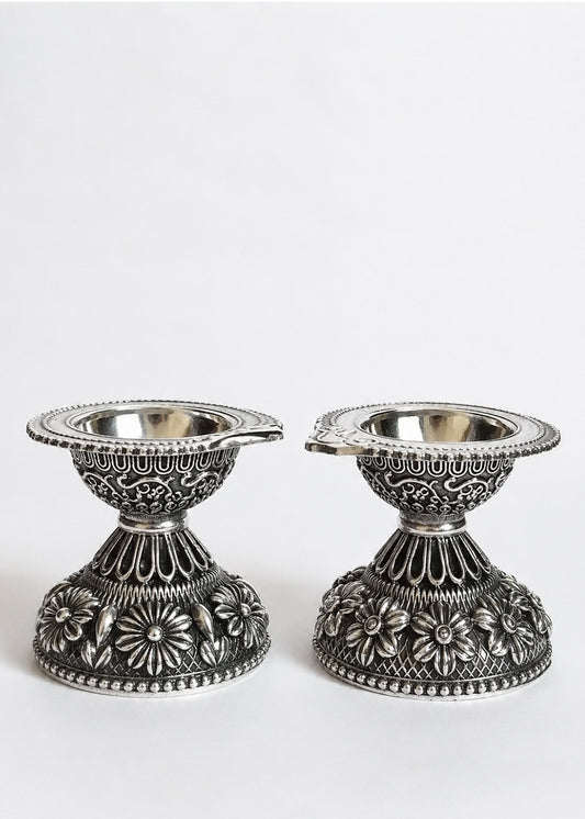 Brass Floral Deepak Set of 2 for Pooja