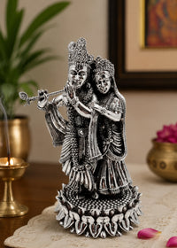Silver Krishna Radha Statue with Floral Lotus Pedestal
