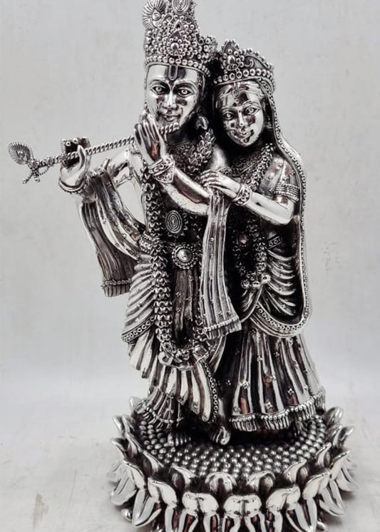 Silver Krishna Radha Statue with Floral Lotus Pedestal
