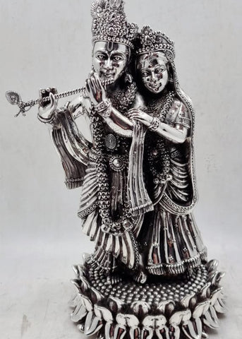 Silver Krishna Radha Statue with Floral Lotus Pedestal