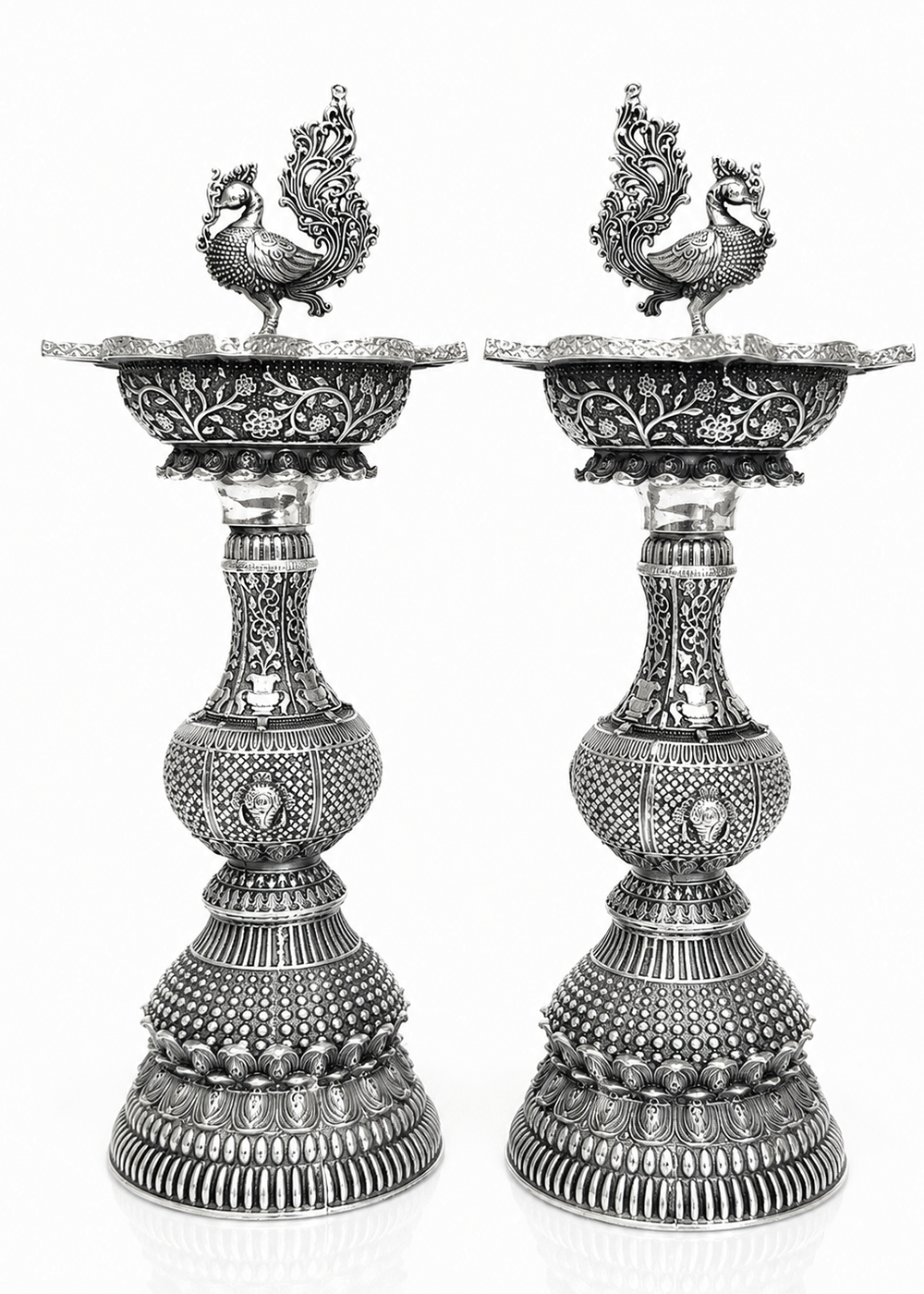 Ornate Brass Peacock Deepak Stand Set