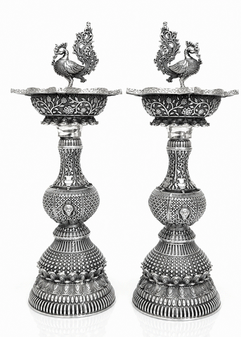 Ornate Brass Peacock Deepak Stand Set