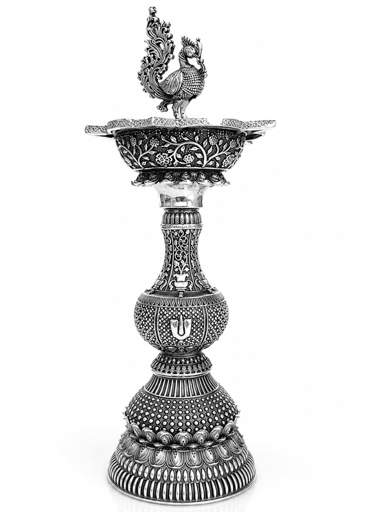 Ornate Brass Peacock Deepak Stand Set