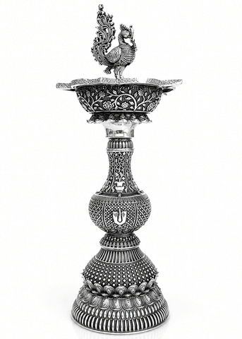 Ornate Brass Peacock Deepak Stand Set
