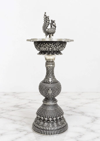 Ornate Brass Peacock Deepak Stand Set