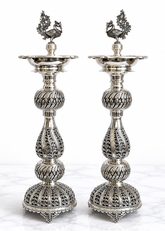 Brass Silver Plated Peacock Deepak Stand Set for Pooja & Home Décor