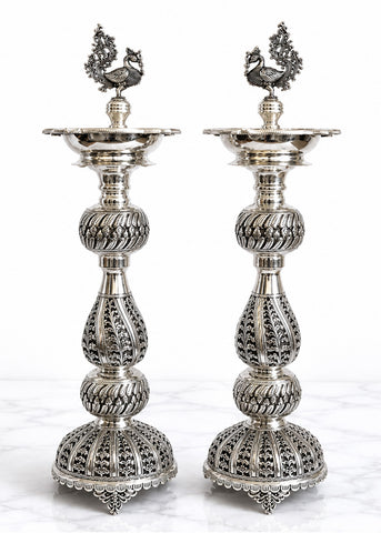 Brass Silver Plated Peacock Deepak Stand Set for Pooja & Home Décor