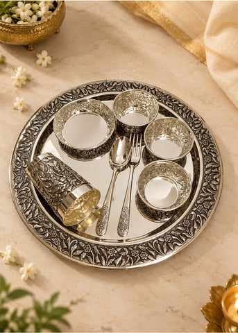 Elegant Floral Silver Serving Thali