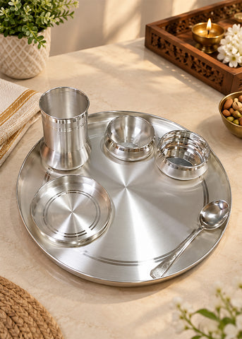 Traditional Silver Thali with Bowls