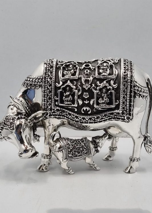Silver Kamdhenu Cow & Calf Idol