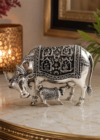 Silver Kamdhenu Cow & Calf Idol