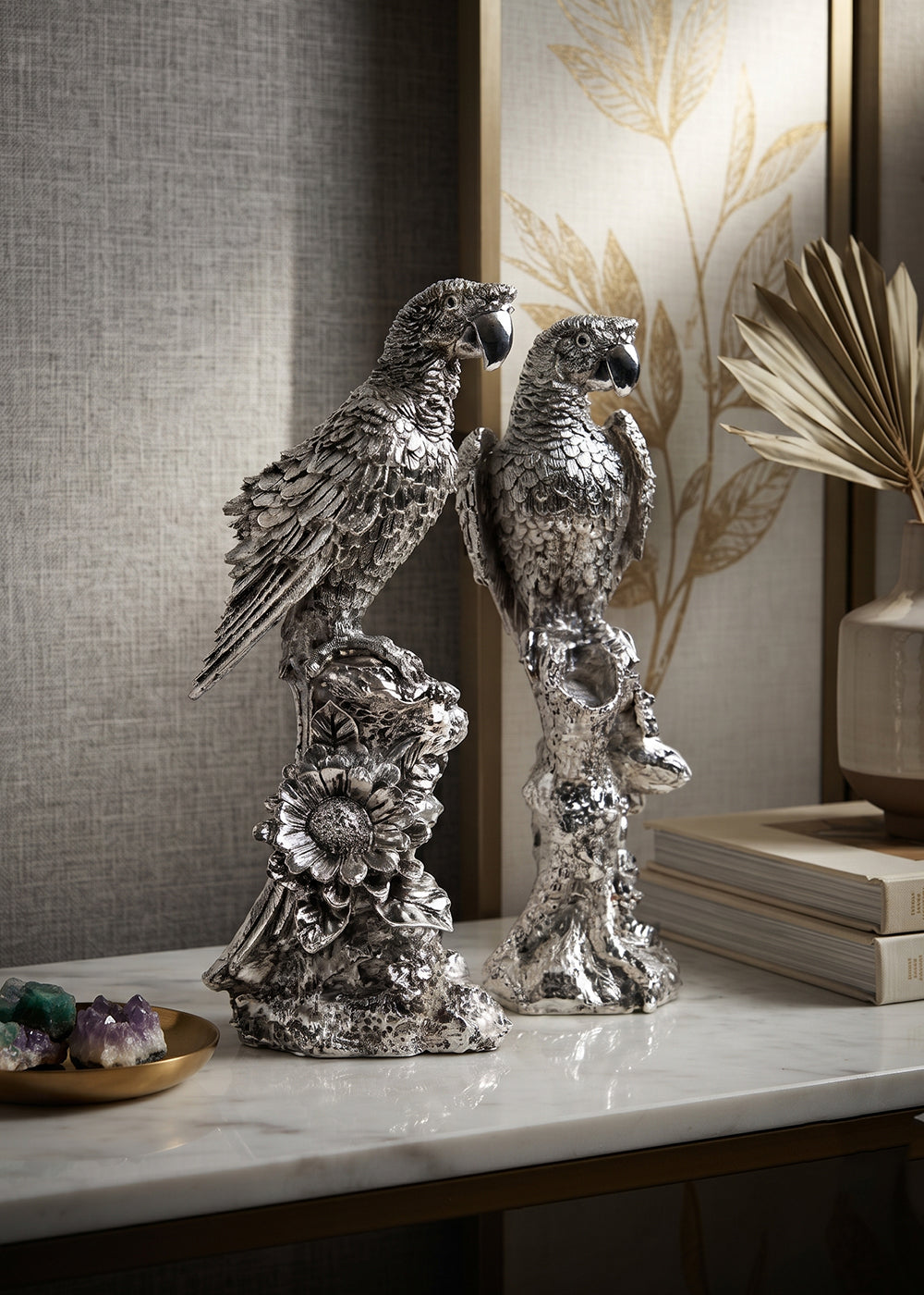 Silver Parrot Pair sculpture