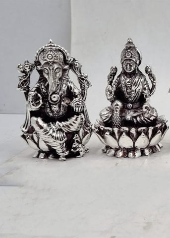Silver Lakshmi Ganesha Divine Idol Pair