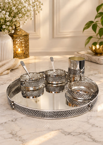 Decorative Silver Serving Platter with Bowl Set