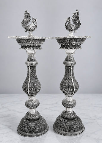Premium Silver Plated Brass Peacock Deepak Stand Set
