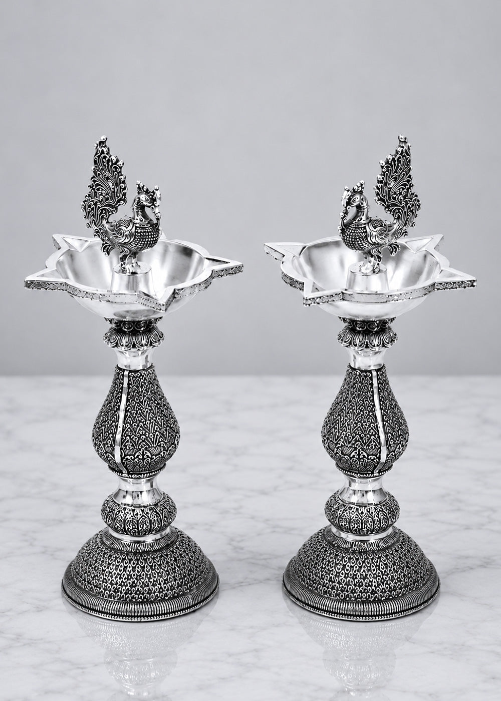 Premium Silver Plated Brass Peacock Deepak Stand Set