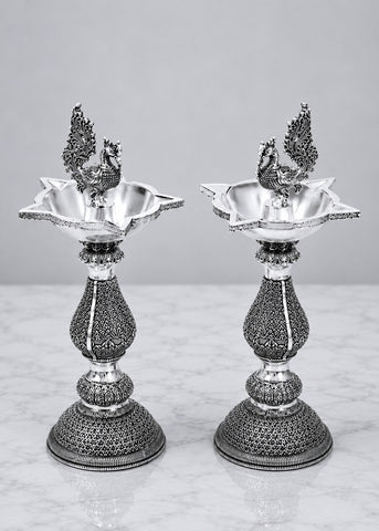 Premium Silver Plated Brass Peacock Deepak Stand Set