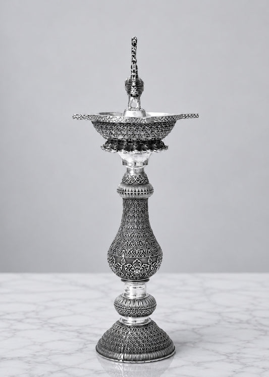 Premium Silver Plated Brass Peacock Deepak Stand Set