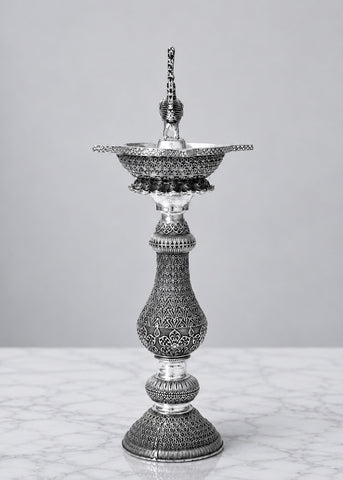 Premium Silver Plated Brass Peacock Deepak Stand Set