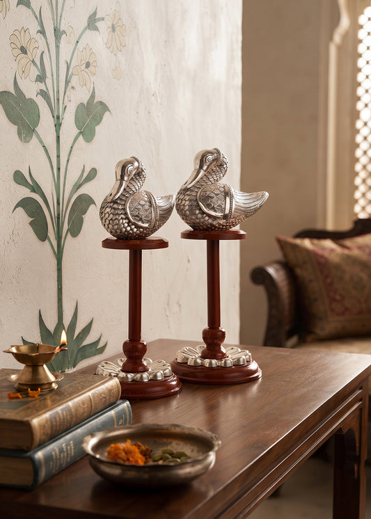 Silver Duck Pair Leasure Over Branches Sculpture