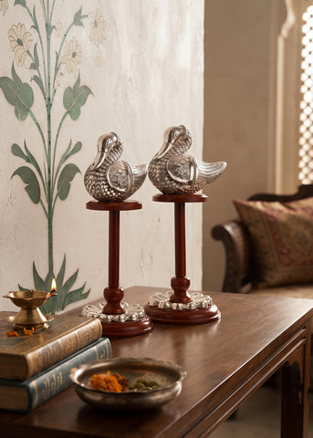 Silver Duck Pair Leasure Over Branches Sculpture
