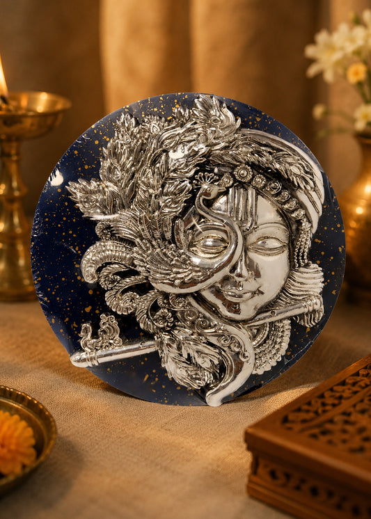 Silver Krishna Peacock Feather Art