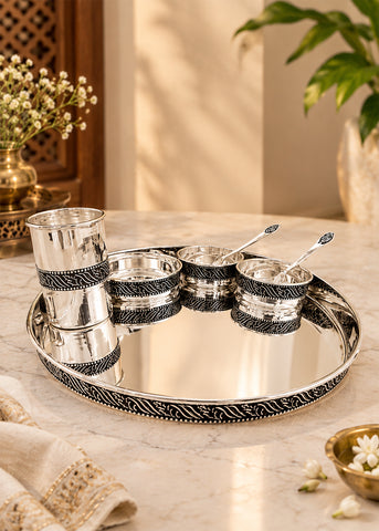 Ornate Silver Serving Platter with Bowl Set