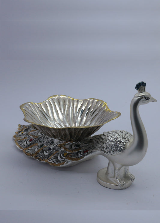 Silver Peacock Design Fruit Bowl with Decorative Base for Home Décor