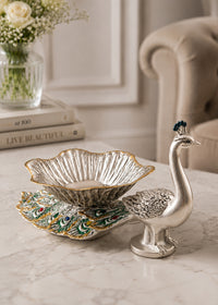 Silver Peacock Design Fruit Bowl with Decorative Base for Home Décor