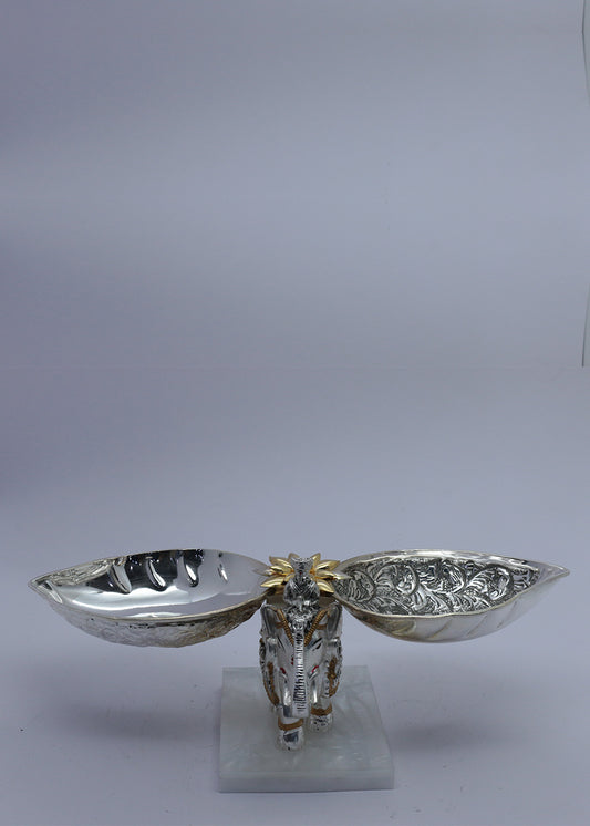 Silver Elephant Double Bowl Fruit Stand with Marble Base