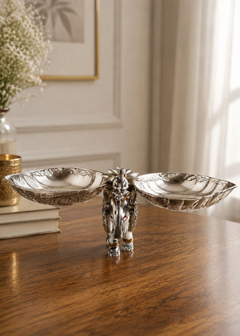 Silver Elephant Double Bowl Fruit Stand with Marble Base