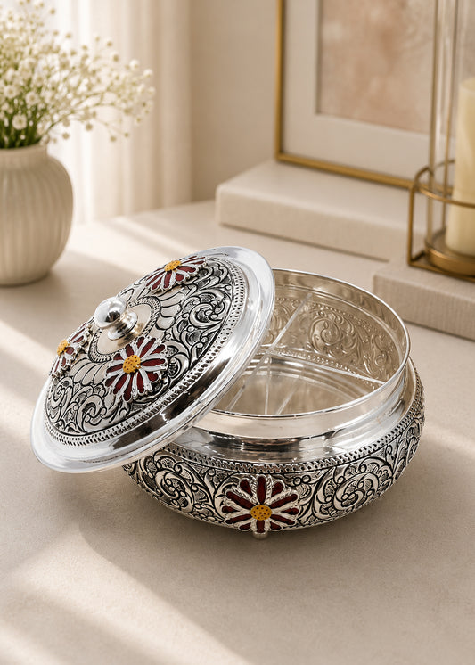Silver Dry Fruit Box with Lid for Festive Gifting