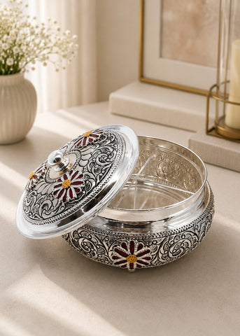 Silver Dry Fruit Box with Lid for Festive Gifting