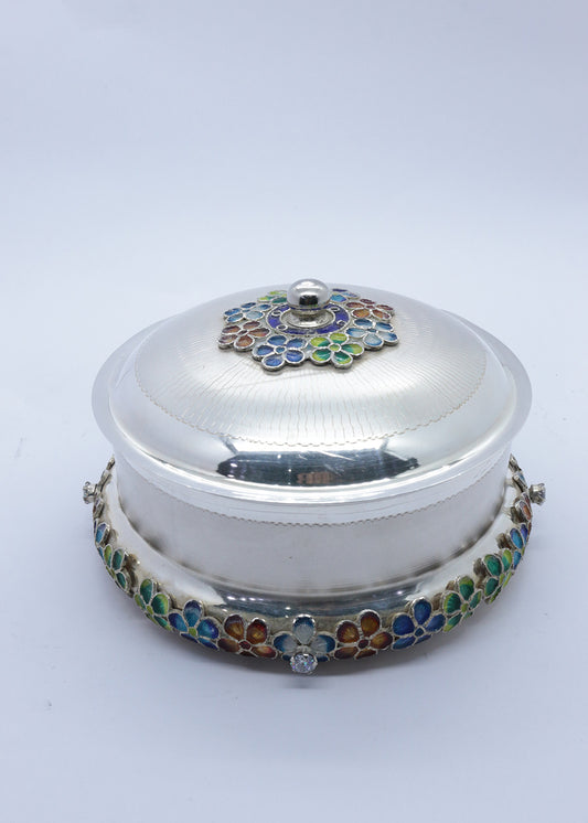 Silver  Dry Fruit Box with Lid & Designer Meenakari Work