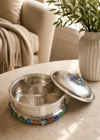 Silver  Dry Fruit Box with Lid & Designer Meenakari Work