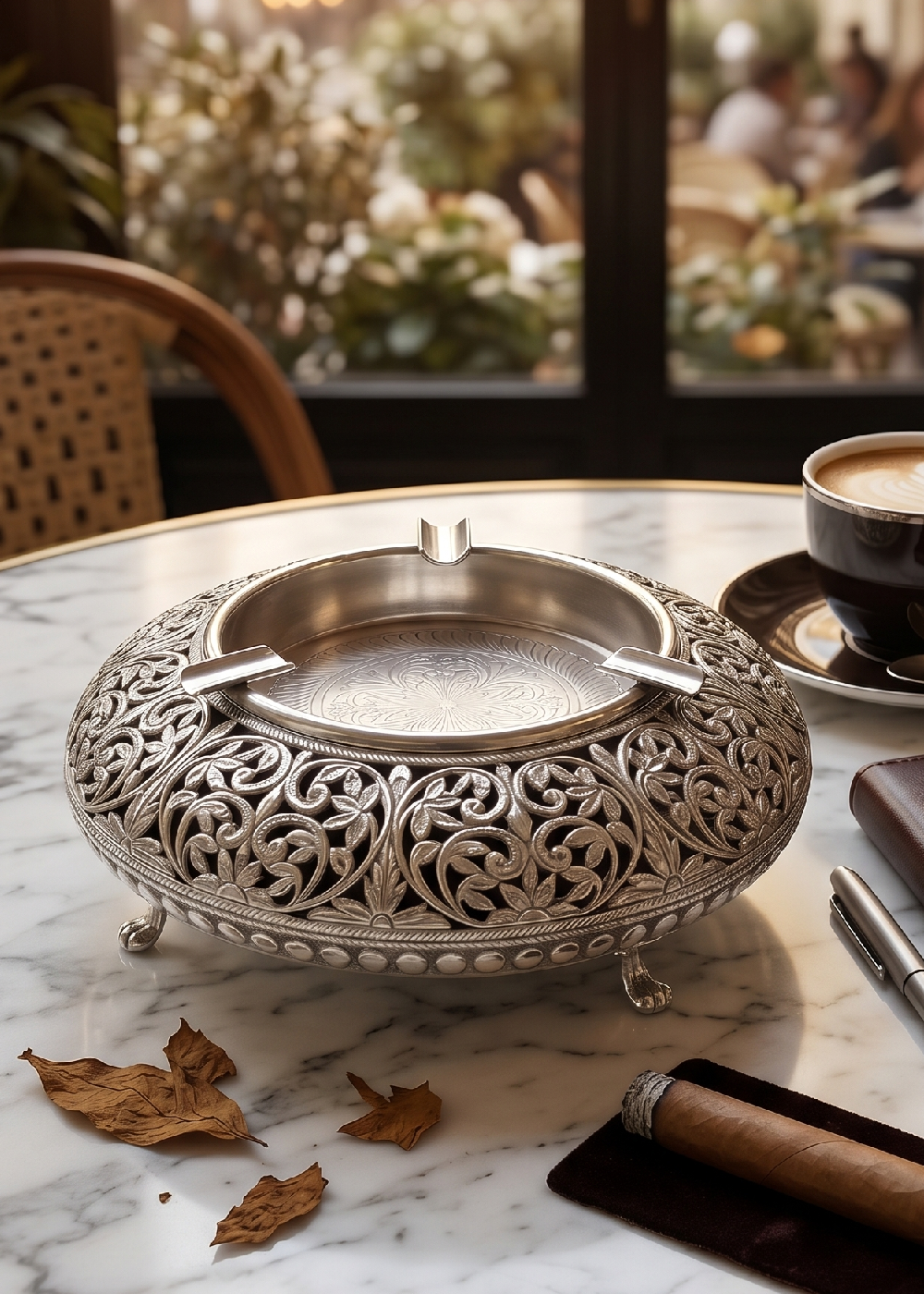 Designer Silver Engraved Ashtray with Stand