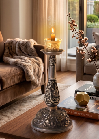 Antique Silver Engraved Candle Stand for Home Décor