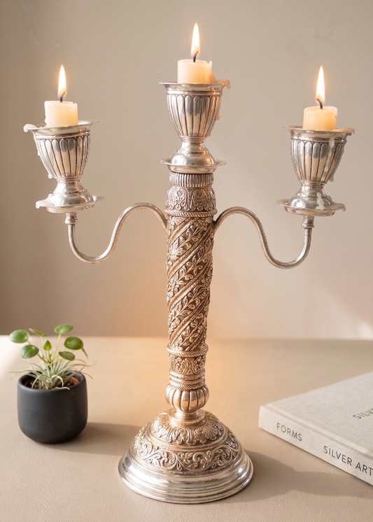 Silver 3 Arm Designer Candle Stand for Home Decor