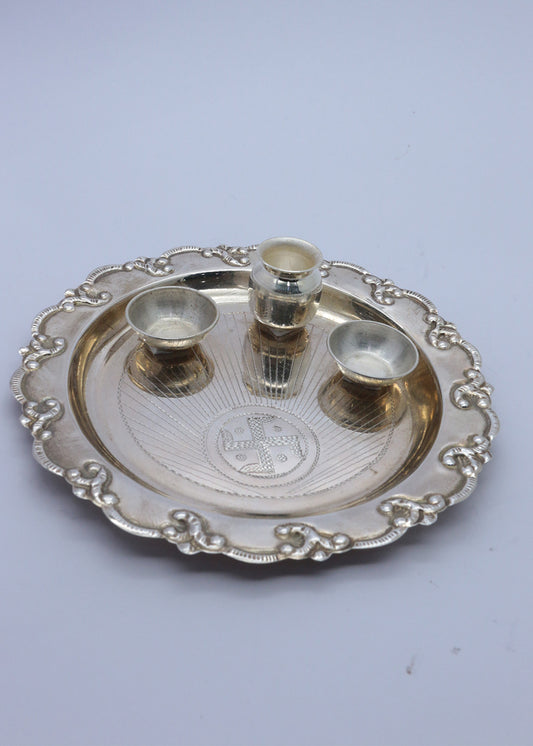 925 Silver Pooja Thali Set with Kalash & Kumkum Bowls