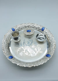 925 Silver Floral Pooja Thali Set with Kumkum Box